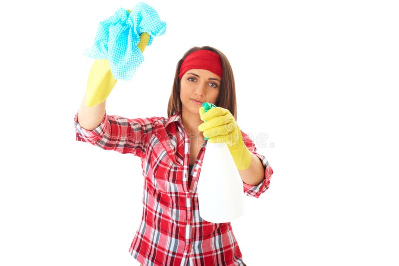 Attractive female cleaner with spray and cloth