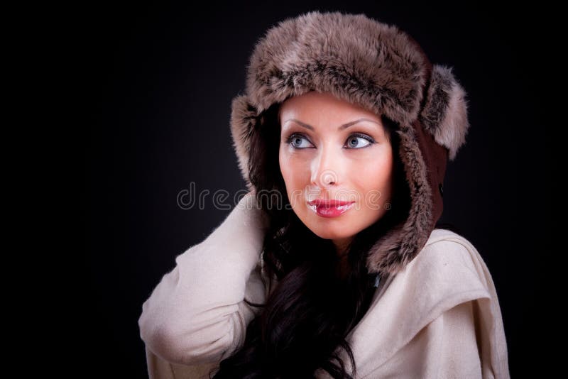 Beautiful Girl Wearing in White Fur Coat and Furry Hat. Winter W Stock ...