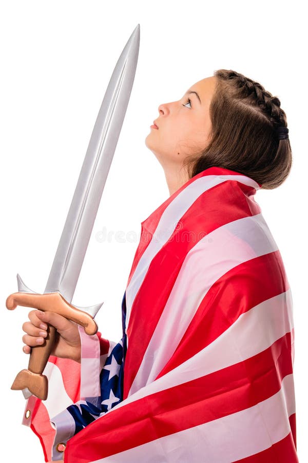 Attractive girl with american flag and swo stock photo Attractive girl with american flag and swo stock photo