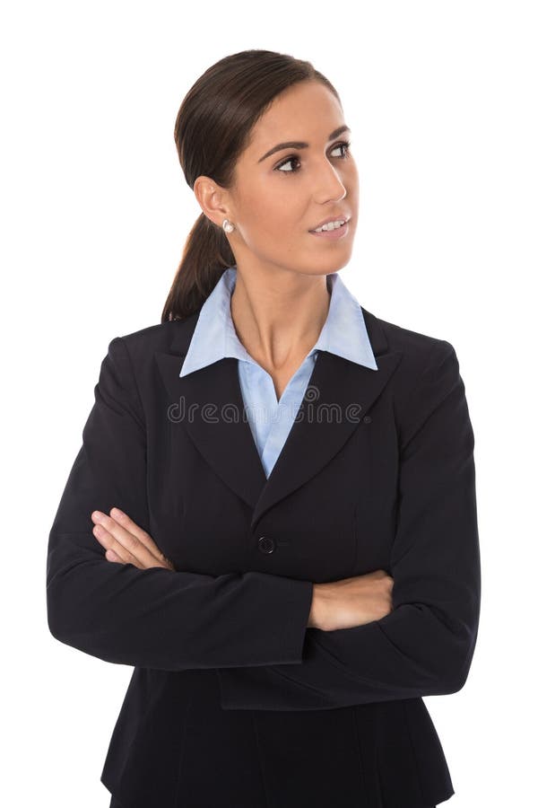 Attractive isolated smiling business woman in blue suit.
