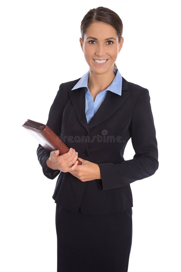 Attractive isolated smiling businesswoman in blue suit.