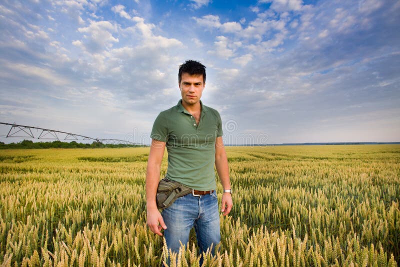 Attractive young man in t shirt standing in golden barley field. Attractive young man in t shirt standing in golden barley field