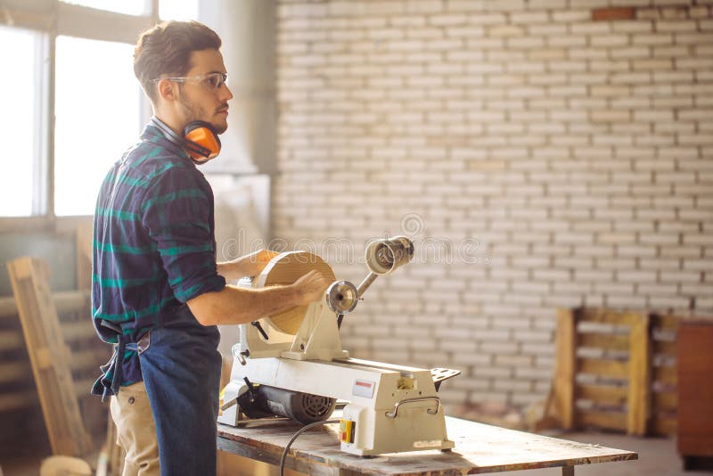 Attractive Man Begin Doing Woodwork in Carpentry Stock Photo Image of