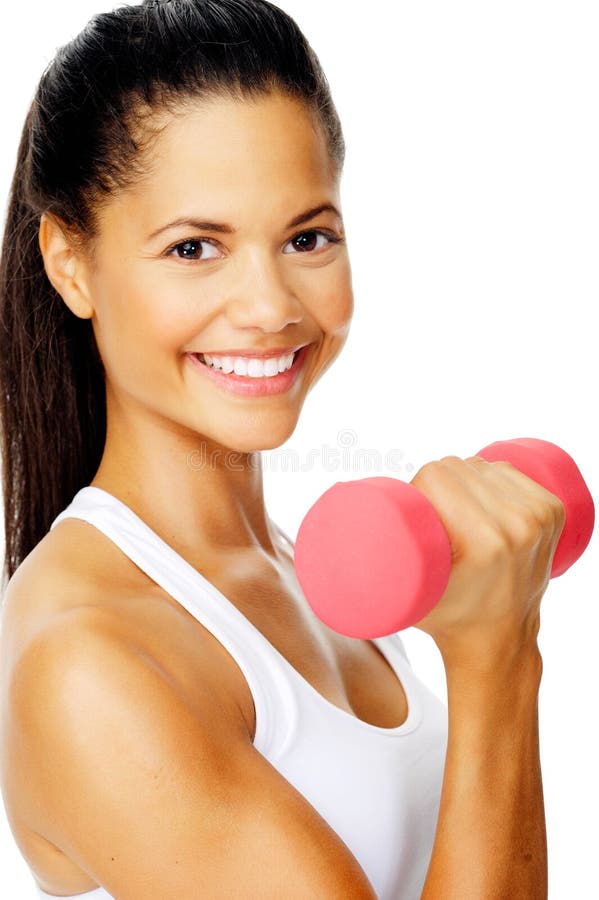 Attractive mixed race woman holding weights