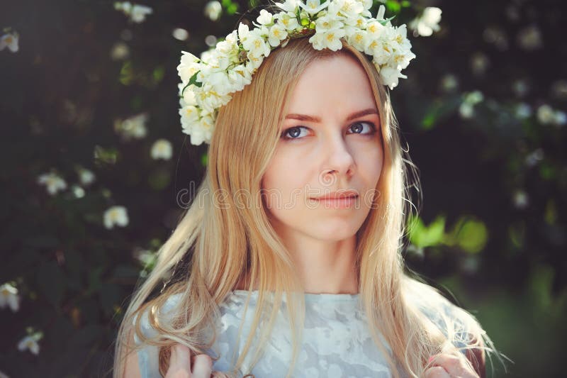 Attractive Modest Young Girl with Blonde with Jasmine Flowers Wreath on Head Long Hair and Natural Make-up in White Dress Outdoors Stock Photo - Image of girl, attractive: 114575382 Attractive Modest Young Girl with Blonde with Jasmine Flowers Wreath on Head Long Hair and Natural Make-up in White Dress Outdoors Stock Photo - Image of girl, attractive: 114575382