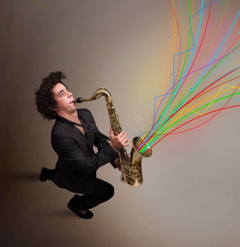 Young Man Playing on Saxophone with Colorful Sound Waves Stock Image