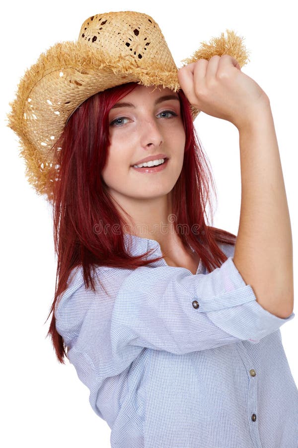 Attractive Redhead Girl with Straw Hat, Isolated Stock Photo Image of