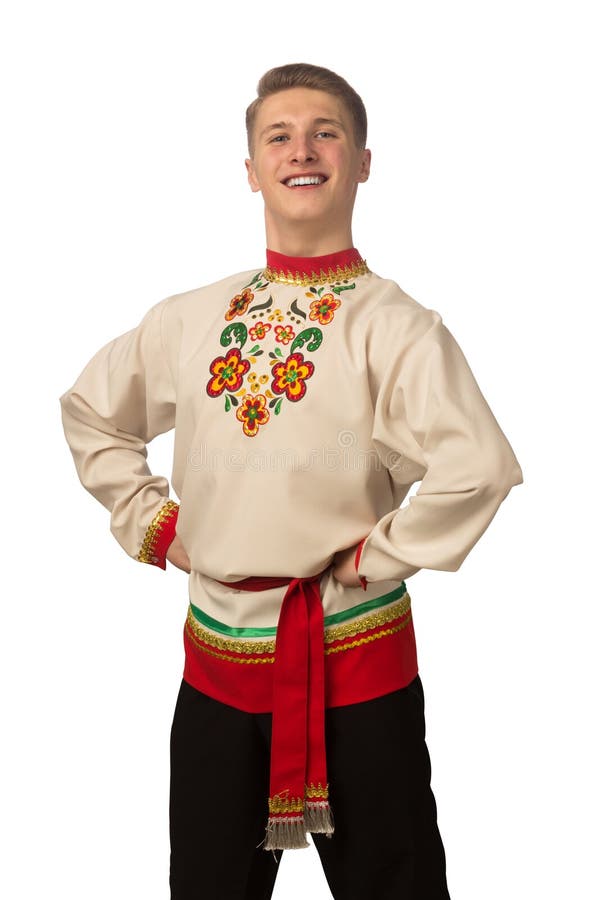 Attractive Russian Guy Dancing in Folk Costume Isolated on White Stock