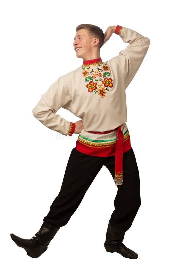 Attractive Russian Guy Dancing in Folk Costume Isolated on White Stock