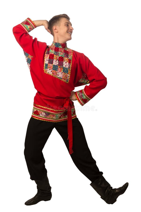 Attractive Russian Guy Dancing in Folk Costume Isolated on White Stock
