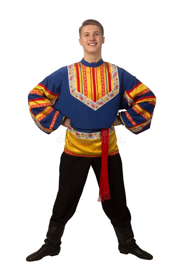 Attractive Russian Guy Dancing in Folk Costume Isolated on White Stock