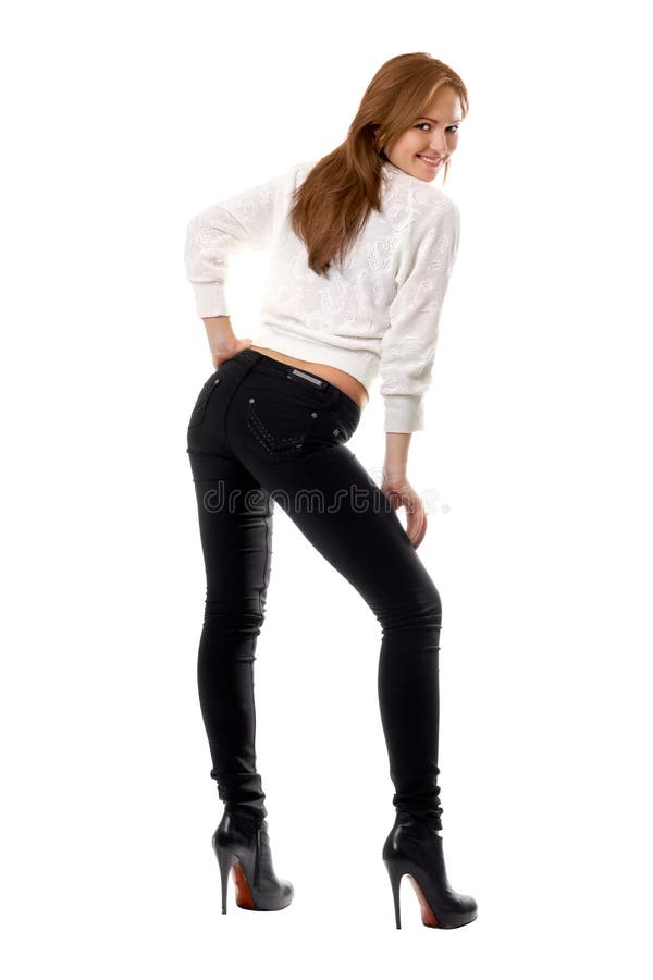Attractive Smiling Girl In Black Tight Jeans Stock Image - Image of ...