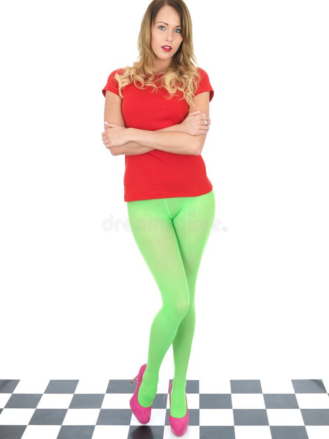 Young Pretty Woman In Jersie Dress And Green Tights Stock Photo