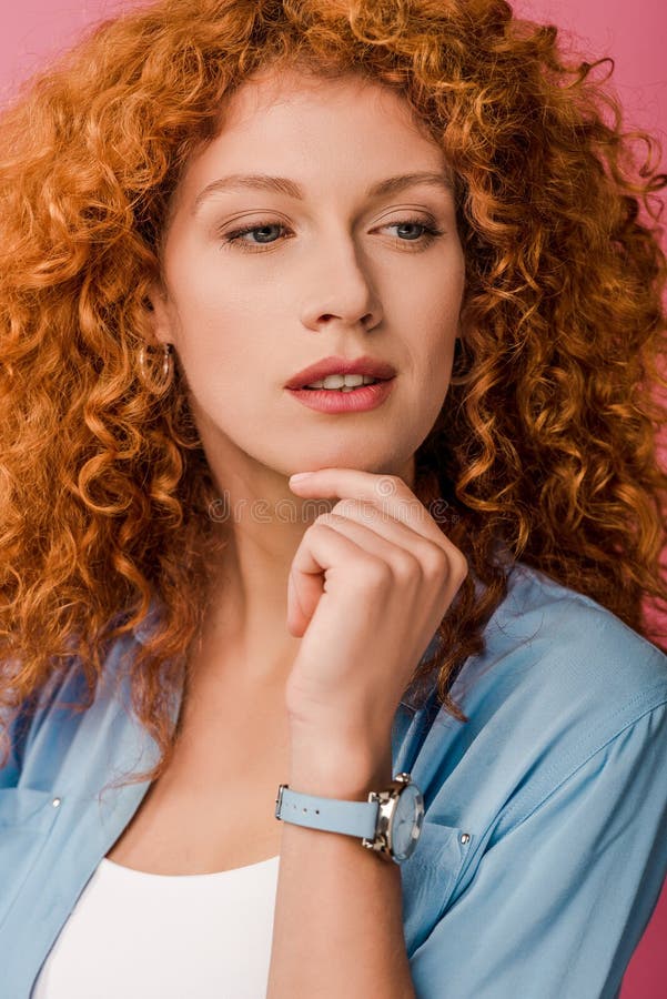 Thoughtful Redhead Woman In Blue Checkered Stock Image Image Of 