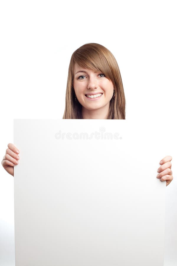 Attractive woman with blank sign. Smiling.