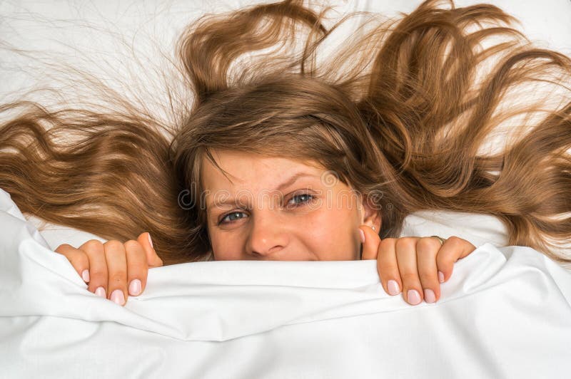 Attractive Woman Covering Her Face Under Blanket Stock Photo Image of