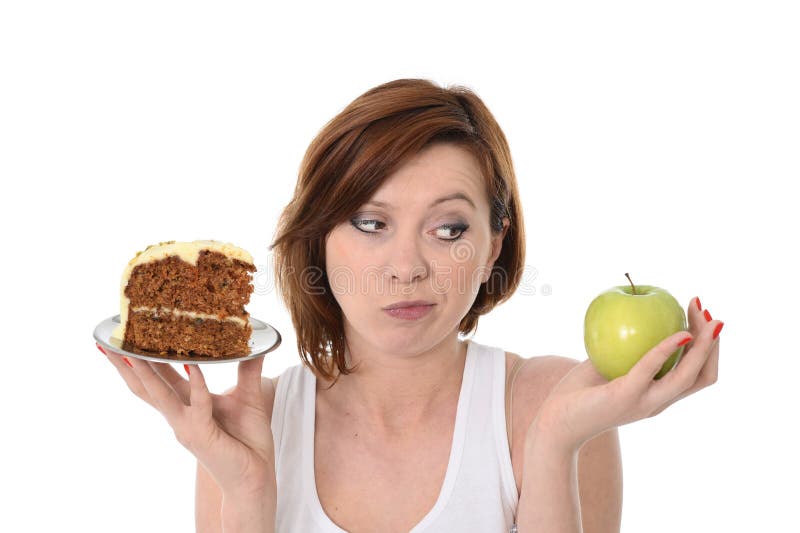 Attractive Woman Dessert Choice Junk Cake or Apple