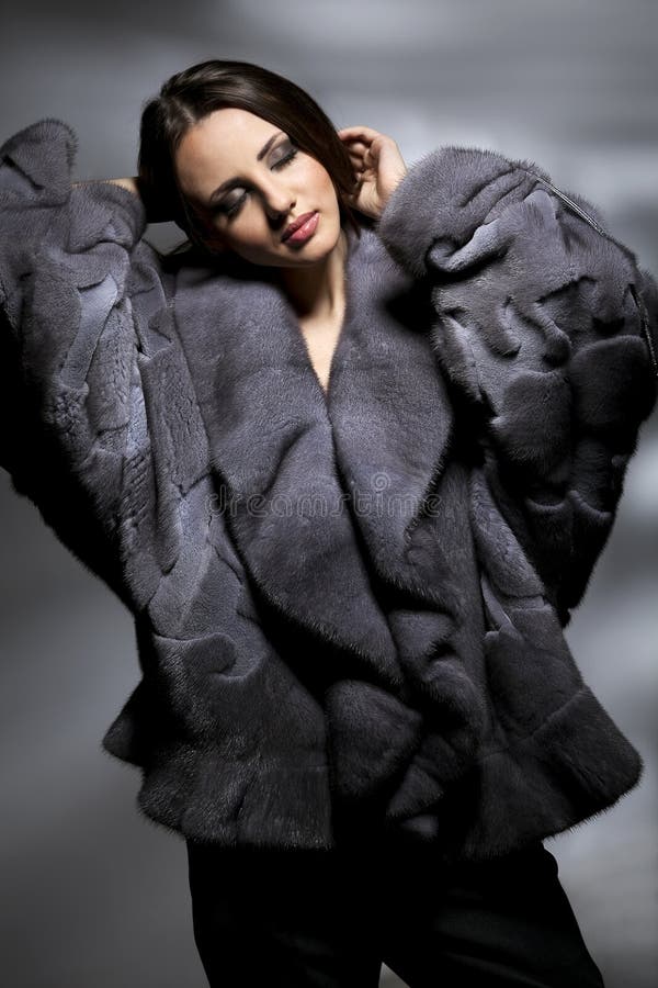 Attractive Woman In Gray Fur Coat Stock Photo Image of skinny