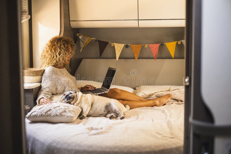 Attractive woman have relax inside van camper laying on bed and using laptop computer connection. Adorable dog sleeping near her.