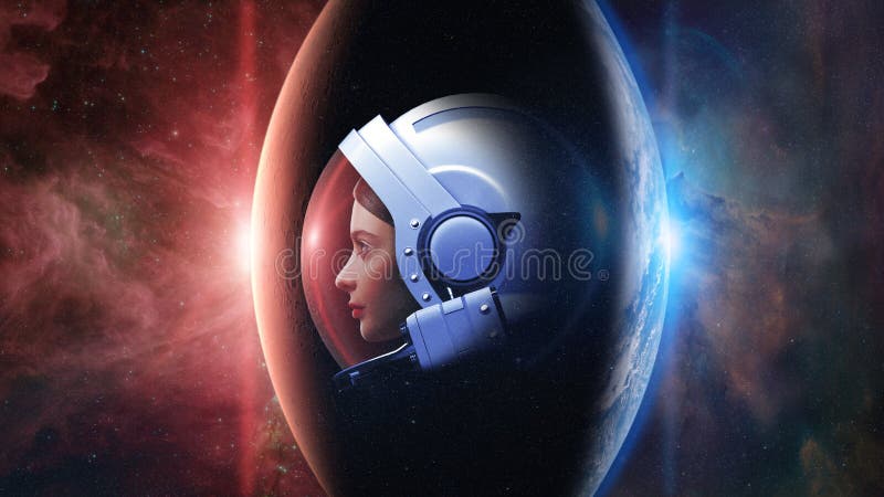Attractive woman in helmet exploring outer space on Mars and Earth background. Elements of this image furnished by NASA royalty free stock photography