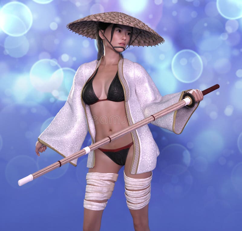 Attractive Woman with Long Stick Japanese Stick Fighting Stock Illustration Illustration of