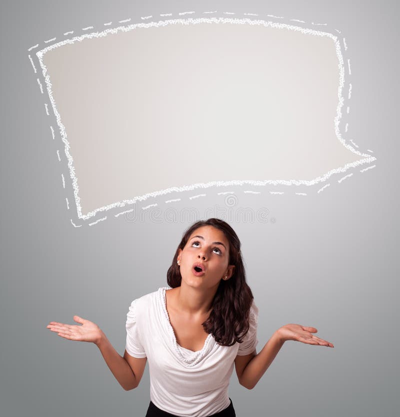 Attractive woman looking abstract speech bubble copy space stock photos Attractive woman looking abstract speech bubble copy space stock photos