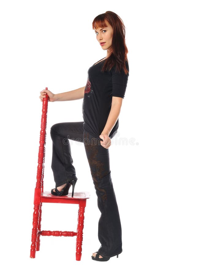 Attractive Woman With A Red Chair Stock Image Image Of Bench Slim 14014837 