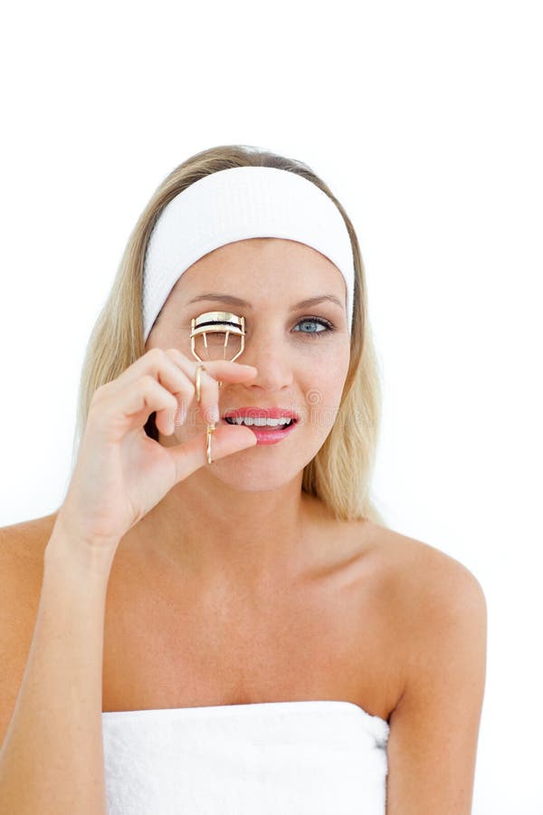 Eye Makeup Woman Using Eyelashes Curler for Mascara. Face Care Asian Beauty Girl Stock Image