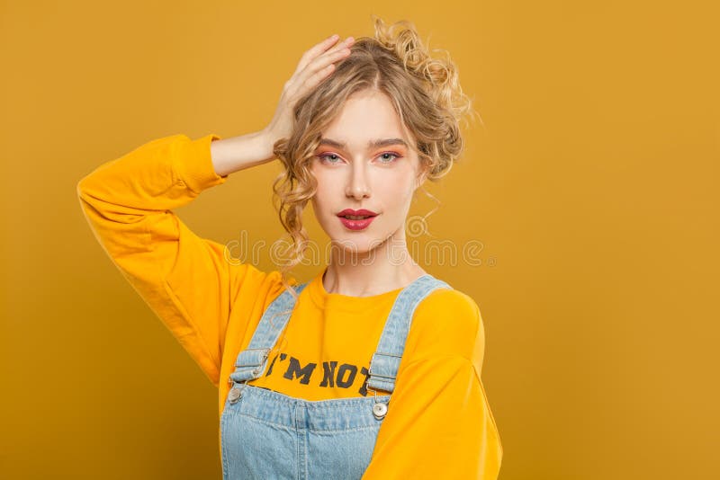 Attractive Woman on Yellow Background, Fashion Portrait Stock Image - Image  of face, close: 185803047