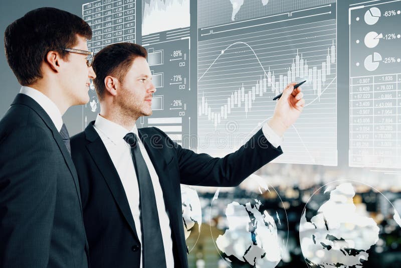 Attractive young businessmen with business interface stock illustration