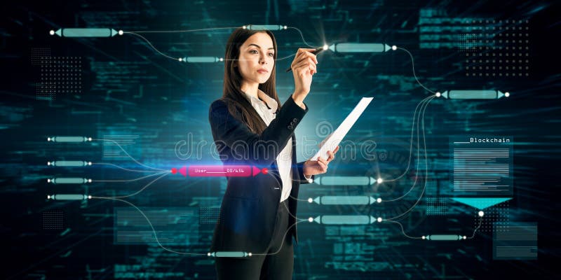 Attractive young caucasian businesswoman using abstract glowing big data blockchain interface on dark background. Cryptocurrency royalty free stock photography
