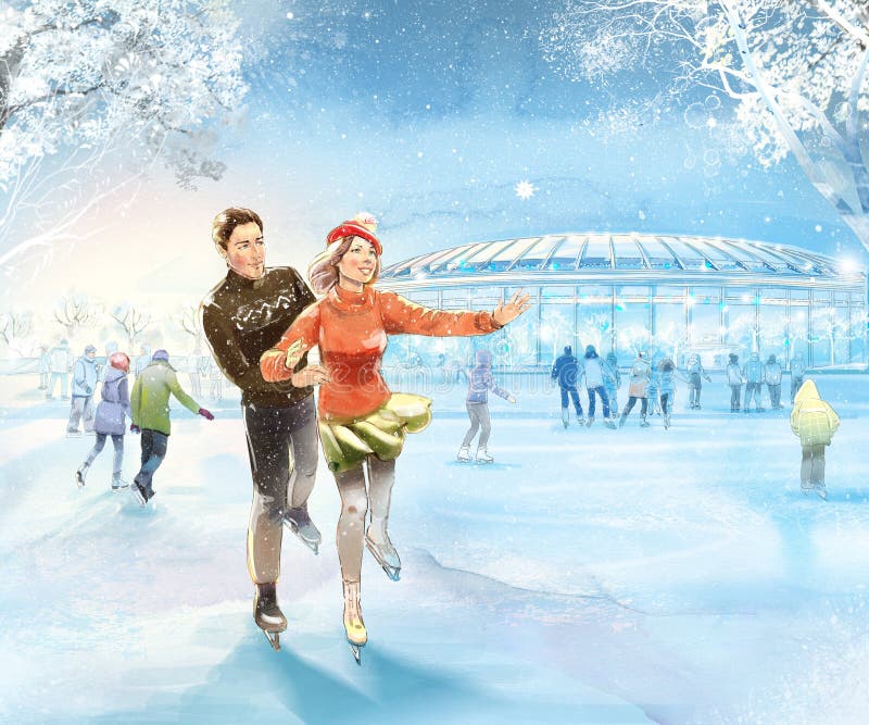 An attractive young couple ice skating in a city park on an ice rink. 