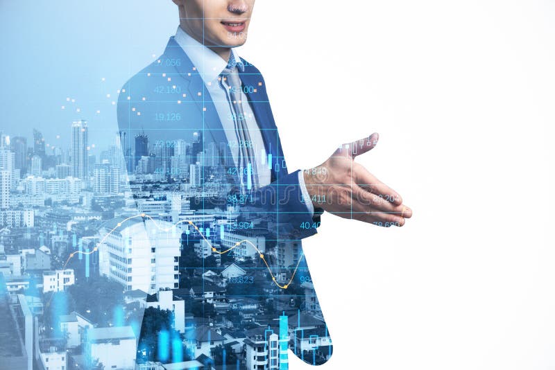Attractive young european businessman shaking hand on abstract blue city background with index, candlestick forex chart and mock