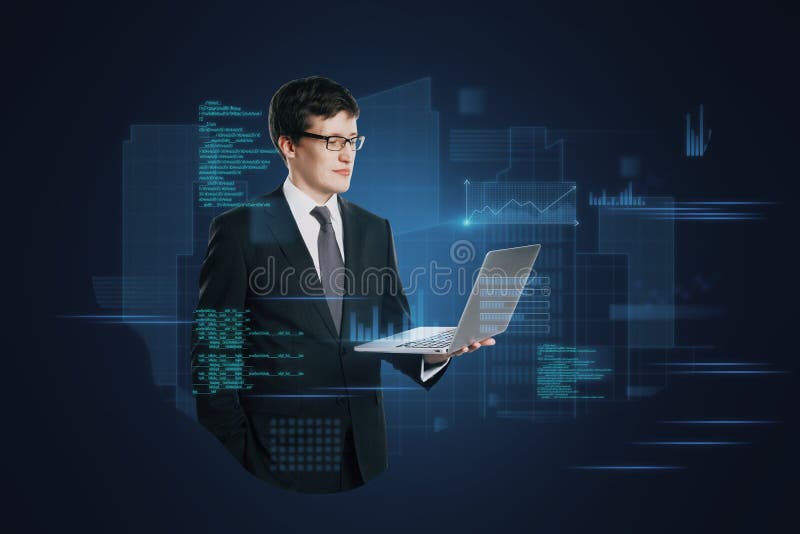 Attractive young european man with laptop standing on abstract blue background with coding and tech information. Database, cloud stock photography