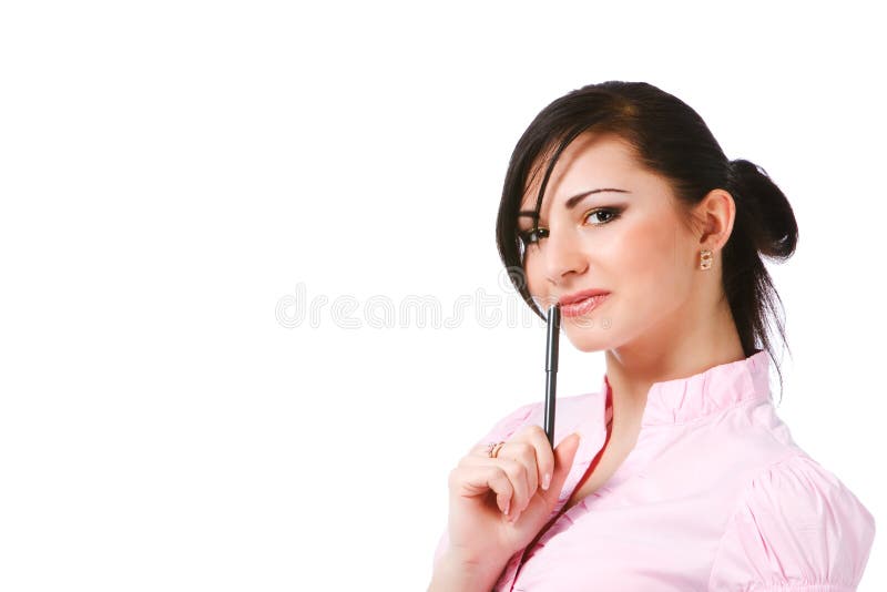 Attractive young girl in pink blouse with papers