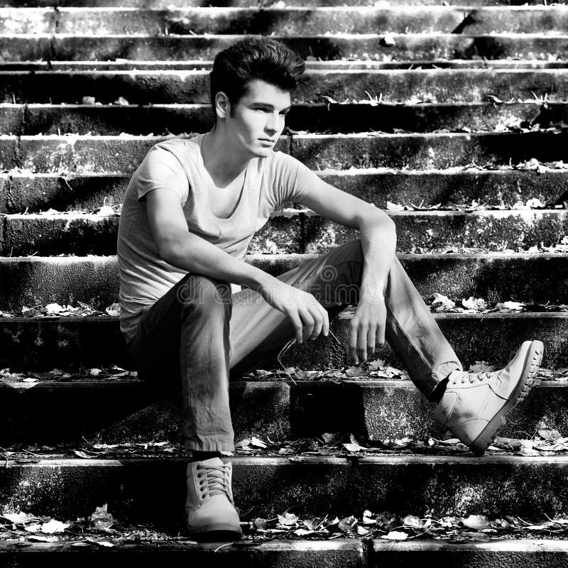 Attractive Young Handsome Man, Model of Fashion in Stairs Stock Image ...