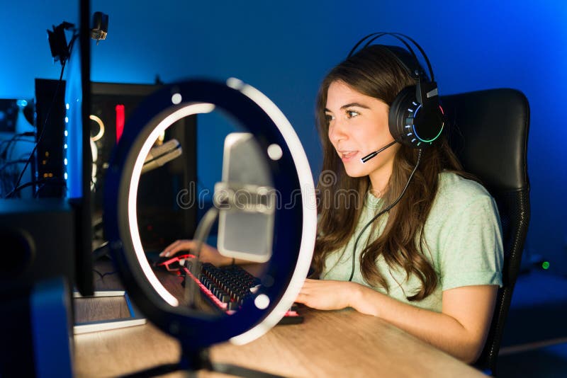 Woman Gamer Live Streaming And Talking To Her Online Viewers Stock 