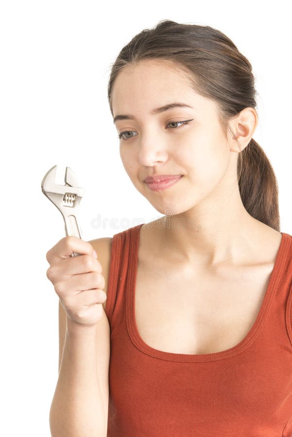 Attractive Young Woman Holding Monkey Wrench Stock Image - Image of