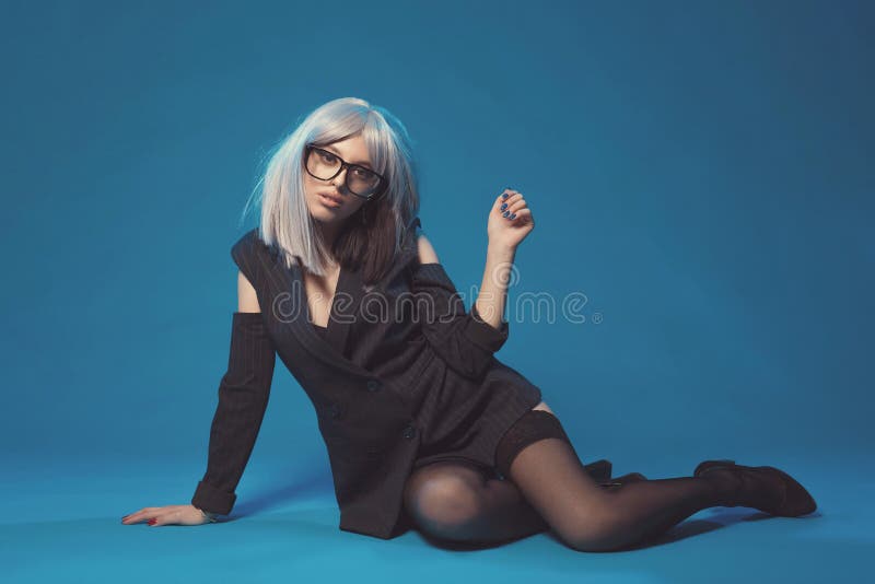 Attractive Young Woman In Jacket And Stockings On Black Shoes Alluring 