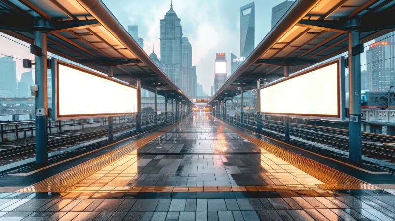 Attraktiv, lodrät, vit bildskärmsmockup på en modern stadslymalle i bakgrunden royaltyfri fotografi