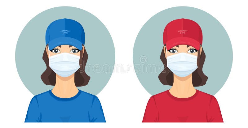 Attraktiv ung kvinna i rött och blått uniform med ansiktsmask från kirurgiska ingrepp. säker hemleverans. kurirtjänst stock illustrationer