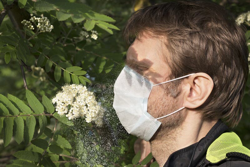 Attraktiver Mann mit medizinischer Maske auf seinem Gesicht, Schatten in seinen Augen gegen Blütenstaubwolke stockfoto Attraktiver Mann mit medizinischer Maske auf seinem Gesicht, Schatten in seinen Augen gegen Blütenstaubwolke stockfoto