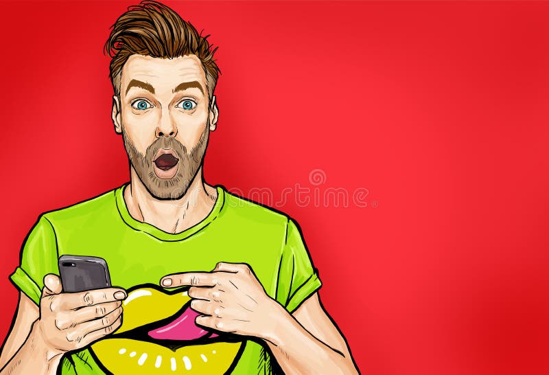 Attractive amazed young man pointing finger on mobile phone in comic style. Pop art surprised guy holding smartphone. Attractive amazed young man pointing finger on mobile phone in comic style. Pop art surprised guy holding smartphone.
