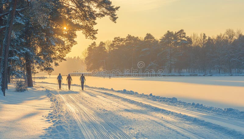 Attraversamento d'ora d'oro di un paese sciato in inverno sulle meraviglie di un lago congelato con alberi ricoperti di neve. illustrazione di stock