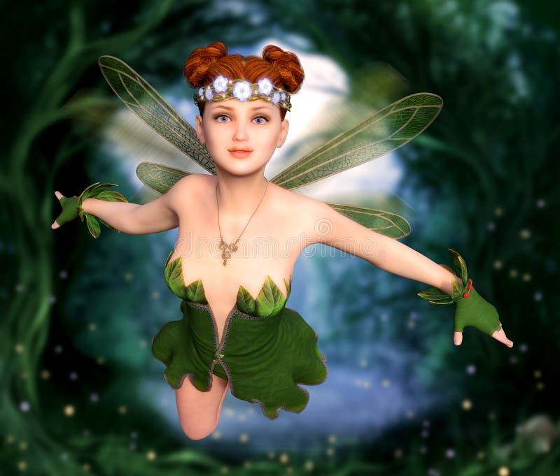 Attrayante Fille Fée Volant Dans Une Forêt Magique Enchantante illustration stock