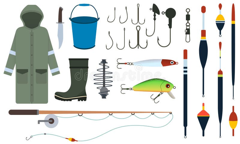 Attrezzatura da pesca : gancio da pesca galleggiante e abiti da pesca. illustrazione di stock
