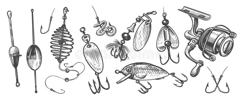 Attrezzatura da pesca. vari oggetti ed accessori per la pesca sportiva. cattura un'illustrazione vettoriale di sketch di concetto royalty illustrazione gratis