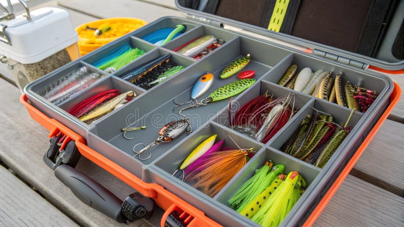 Attrezzature colorate per la pesca in una scatola per attrezzi. opzioni di esca associate. organizzato per le bordate di pesca. co illustrazione vettoriale