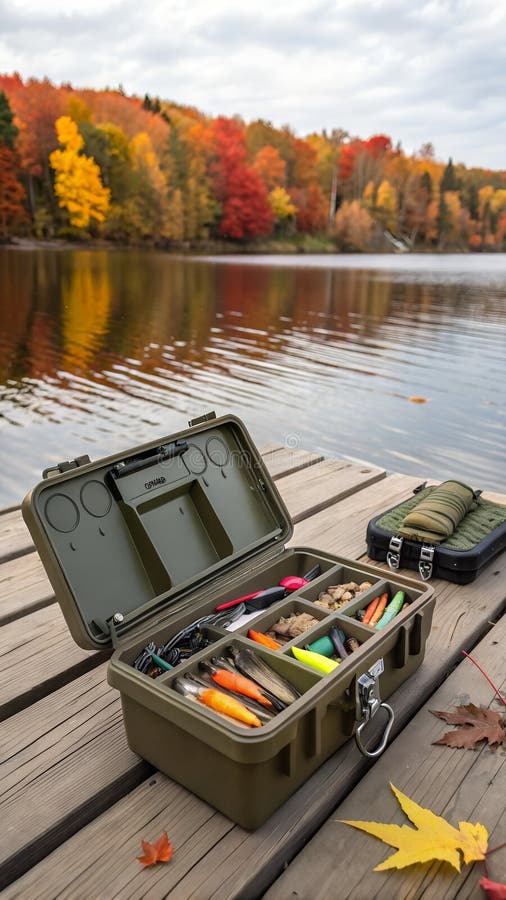 Attrezzature per pesca disposte su un molo con una cassa di protezione a nido d'oliva e di lucernari colorati durante l'autunno illustrazione vettoriale