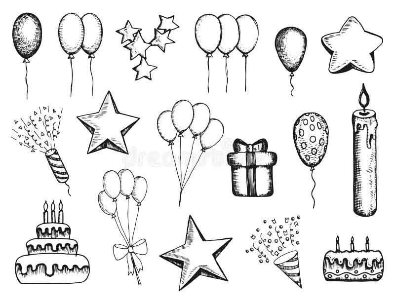 Attributi di festa fissati dei disegni disegnati a mano di vettore regalo delle palle royalty illustrazione gratis Attributi di festa fissati dei disegni disegnati a mano di vettore regalo delle palle royalty illustrazione gratis